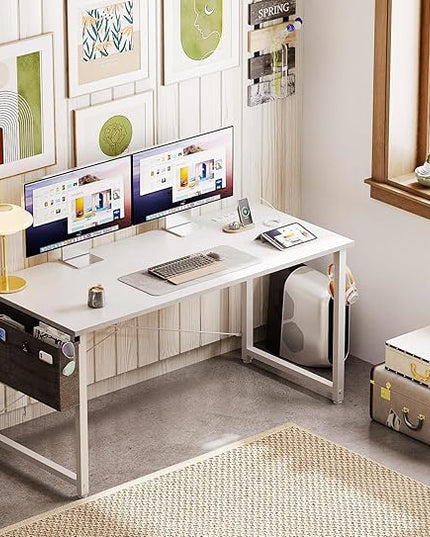 AODK 48 inch Small Computer Desk with Power Outlet for Small Spaces Home Office Student Laptop PC Writing Desks with Storage Bag Headphone Hook, White - LeafyLoom