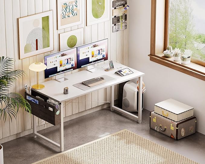 AODK 48 inch Small Computer Desk with Power Outlet for Small Spaces Home Office Student Laptop PC Writing Desks with Storage Bag Headphone Hook, White - LeafyLoom