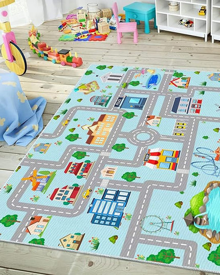 Kids Car Rug, 3' 3" x 5' 3" City Life Traffic Road Playmat for Toy Cars Trains, Non-Slip Race Track Carpet Educational Fun Area Rugs for Boy and Girl Bedroom Nursery - LeafyLoom