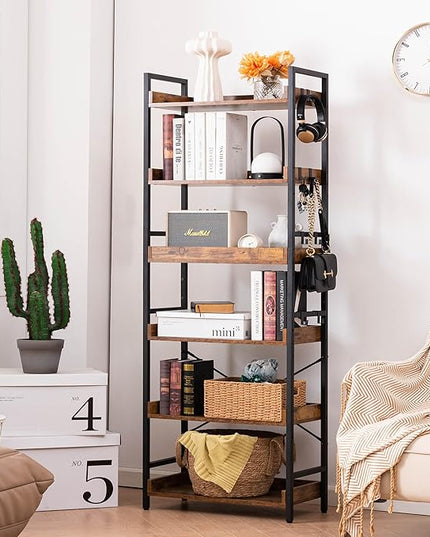 HCHQHS Adjustable 6 Tier Open Bookcase, Rustic Farmhouse Book Shelves, Industrial Wood and Black Metal Bookshelves, Mid Century Bookcase for Home Office Living Room Bedroom - LeafyLoom