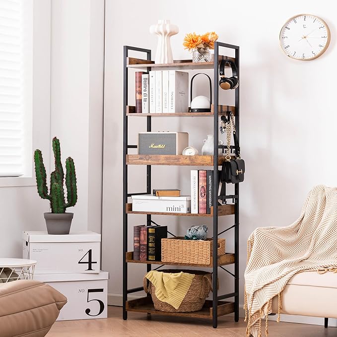 HCHQHS Adjustable 6 Tier Open Bookcase, Rustic Farmhouse Book Shelves, Industrial Wood and Black Metal Bookshelves, Mid Century Bookcase for Home Office Living Room Bedroom - LeafyLoom