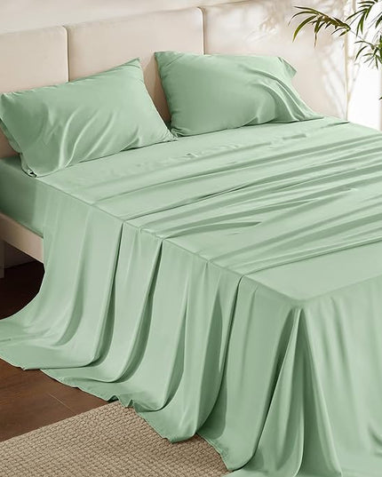 Bedsure California King Sheet Sets, Cooling Sheets, Rayon Derived from Bamboo, Deep Pocket Up to 16", Breathable & Soft Bed Sheets, Hotel Luxury Silky Bedding Sheets & Pillowcases, Sage Green - LeafyLoom