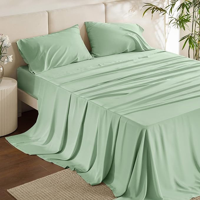 Bedsure California King Sheet Sets, Cooling Sheets, Rayon Derived from Bamboo, Deep Pocket Up to 16", Breathable & Soft Bed Sheets, Hotel Luxury Silky Bedding Sheets & Pillowcases, Sage Green - LeafyLoom