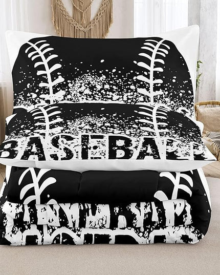 Bodhi Black and White Comforter Set,Sports Bedding Set for Boys Kids,Boys Baseball Bedding Full Size,Kids Comforter Set with Pillowcases,Teen Boys Bedding Set Full Size - LeafyLoom