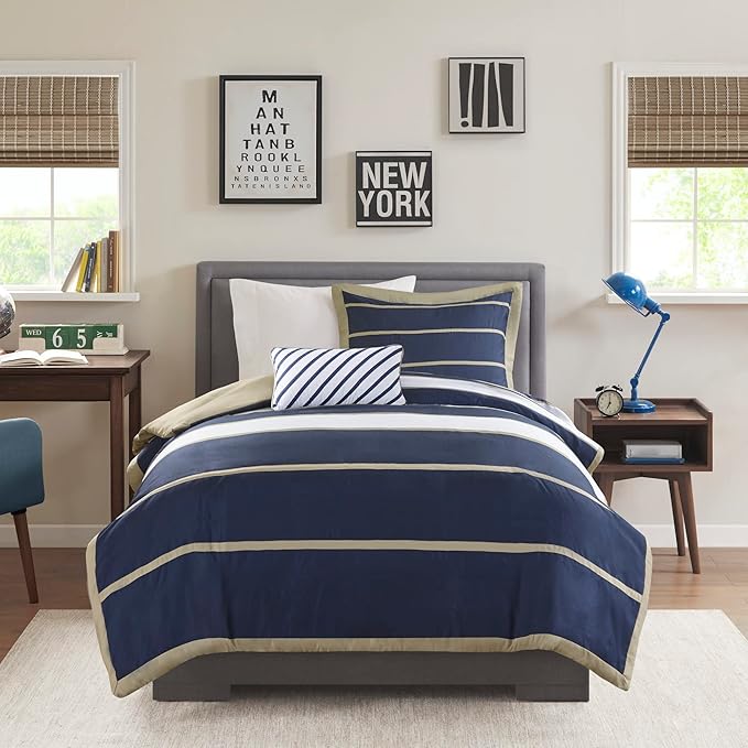 MI ZONE Ashton Duvet Modern Casual Vibrant Colorblock Design All Season Comforter Cover Teen Bedding, Boys Bedroom Décor, Twin/Twin XL, Khaki/Navy 3 Piece - LeafyLoom