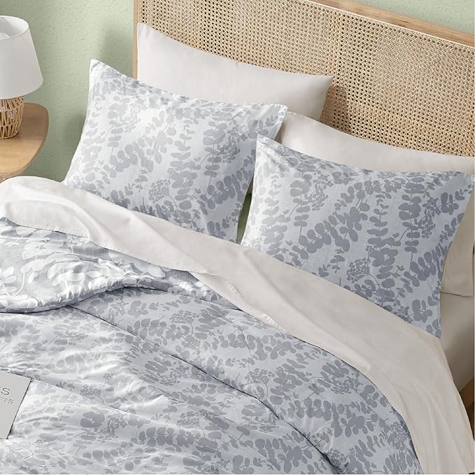 Codi Gray Floral Comforter Set King Size, Botanical Bedding Sets | Nature Style, Unique Reversible Design, Better for Spring and Summer | Leaf Print 3 Pieces - LeafyLoom