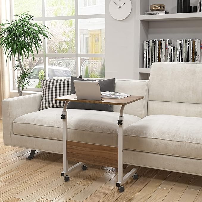 SogesGame Mobile Sofa Side Table, Industrial C Table with Wheels, Portable Desk Cart Tray End Table Height Adjustable, Snack Table for Couch Sofa, Oak，05#3-60OK-S8-US - LeafyLoom