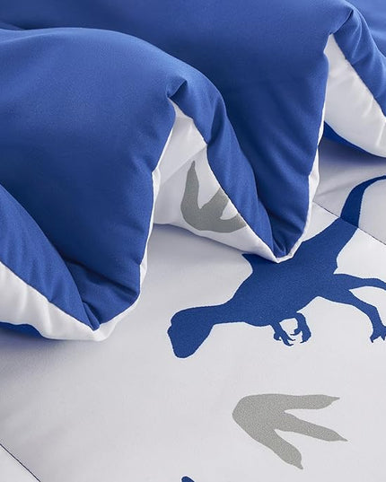 SLEEP ZONE Cartoon Dinosaur Comforter Set, Dark Blue Kids Bedding Set for Boys, Dinosaurs Print Comforter, Sheet, Pillowcase & Sham (Dinosaur Footprints, Twin) - LeafyLoom