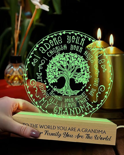 Grandma Gifts from Grandchildren, to My Grandma Night Light, Mothers Day Birthday Christmas Gifts for Grandma, Grandmother, Gifts Bedroom Décor, Lamp with Wooden Base for Women - LeafyLoom