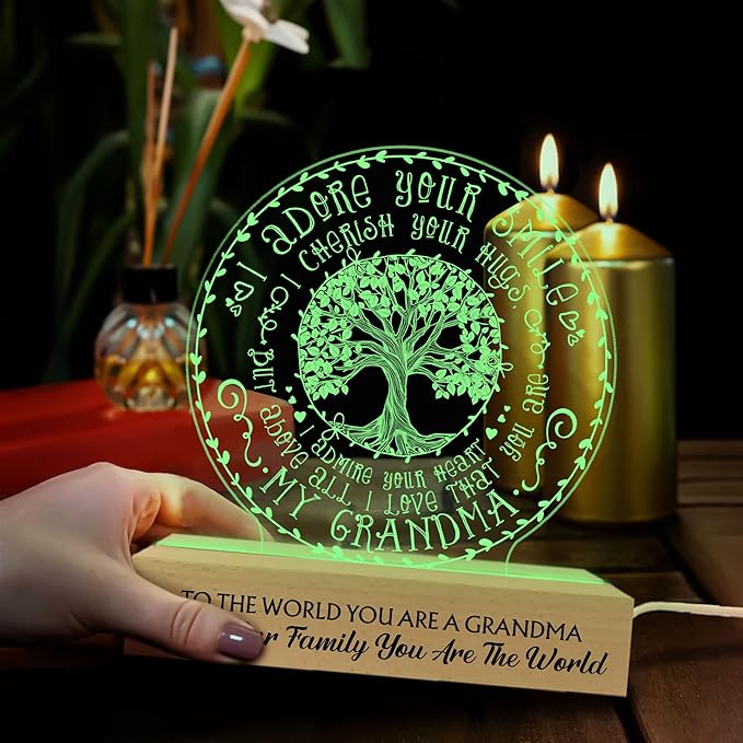 Grandma Gifts from Grandchildren, to My Grandma Night Light, Mothers Day Birthday Christmas Gifts for Grandma, Grandmother, Gifts Bedroom Décor, Lamp with Wooden Base for Women - LeafyLoom