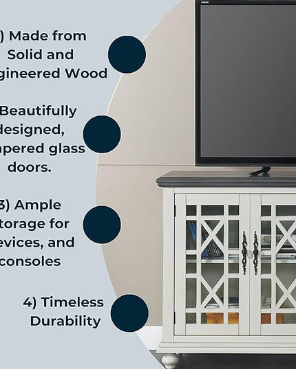 Martin Svensson Home Elegant TV Stand, 63" W x 35" H, White with Grey Top - LeafyLoom