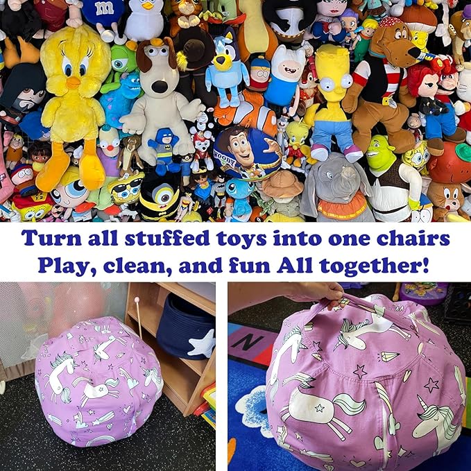 Stuffed Animal Storage Bean Bag Chairs Toy Storage Organizer Bean Bags Chair Covers Only for Kids 24" Beanbag with Zipper for Organizing Kid's and Adults Room, Pink White Unicorn - LeafyLoom