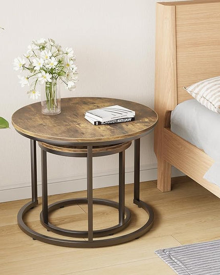 Nesting Coffee Table Set of 2, 23.6" Round Coffee Table Rustic Wood Top with Adjustable Non-Slip Feet, Industrial End Table Side Tables for Living Room Bedroom Balcony Yard - LeafyLoom