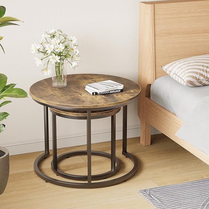 Nesting Coffee Table Set of 2, 23.6" Round Coffee Table Rustic Wood Top with Adjustable Non-Slip Feet, Industrial End Table Side Tables for Living Room Bedroom Balcony Yard - LeafyLoom