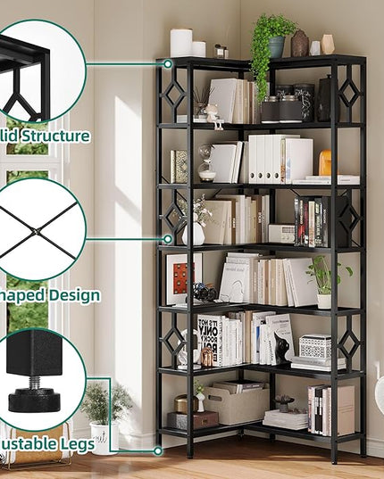 YITAHOME 7 Tier Corner Bookshelf Reversible Bookcase, Tall Bookshelf Display Rack Shelf with Metal Frame for Living Room, Bedroom, Home Office, Black - LeafyLoom