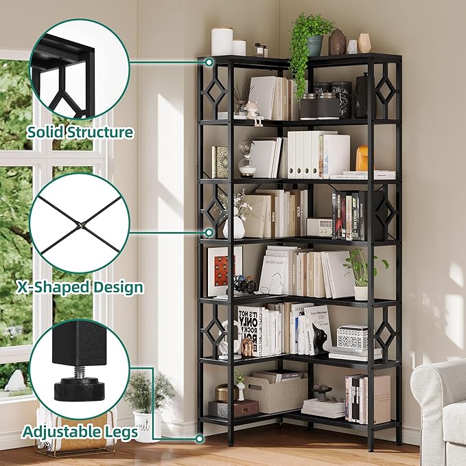 YITAHOME 7 Tier Corner Bookshelf Reversible Bookcase, Tall Bookshelf Display Rack Shelf with Metal Frame for Living Room, Bedroom, Home Office, Black - LeafyLoom