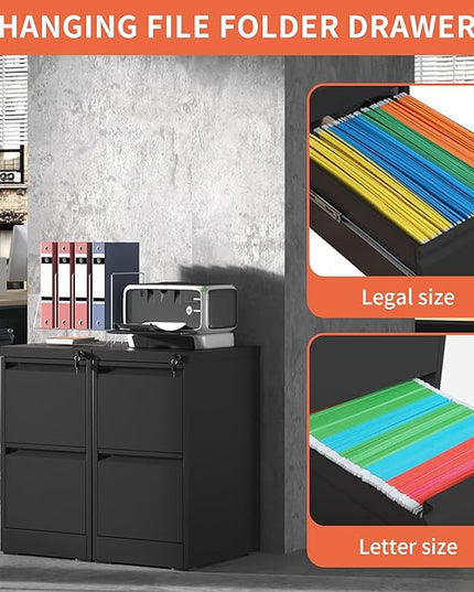 2 Drawer File Cabinet,Black Metal Filing Cabinets for Home Office,Vertical File Cabinet with Lock for A4/Letter/Legal Size Files,Assembly Required - LeafyLoom