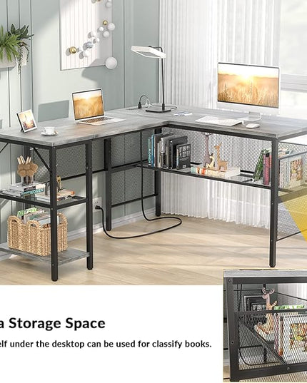 Unikito L Shaped Corner Computer Desk with USB Charging Port and Power Outlet, Storage Shelves, Reversible, Industrial 2 Person Gaming Table Modern Home Office Desks, White Oak - LeafyLoom