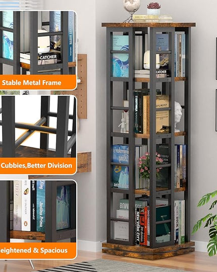 EasyCom Rotating Bookshelf with Metal Frame, 360 Display Wood Revolving Bookcase, 4-Tier Corner Bookshelf with Storage, Floor Standing Spinning Bookshelf for Living Room, Office, Brown - LeafyLoom