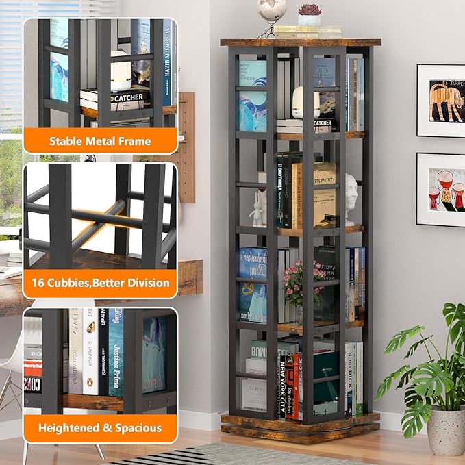 EasyCom Rotating Bookshelf with Metal Frame, 360 Display Wood Revolving Bookcase, 4-Tier Corner Bookshelf with Storage, Floor Standing Spinning Bookshelf for Living Room, Office, Brown - LeafyLoom