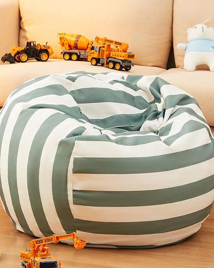 EXQ Home Kids Bean Bag Chairs Cover -Stuffed Animal Bean Bag Storage Green and White Stripes-Zipper Bean Bag for Organizing Children Plush Toys Holiday Gift for Girl,Boys (2XL) - LeafyLoom