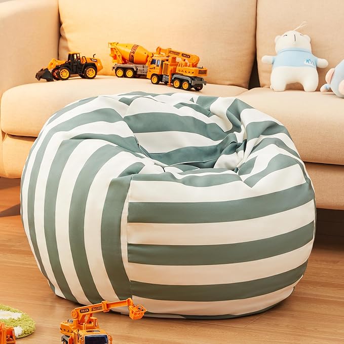 EXQ Home Kids Bean Bag Chairs Cover -Stuffed Animal Bean Bag Storage Green and White Stripes-Zipper Bean Bag for Organizing Children Plush Toys Holiday Gift for Girl,Boys (2XL) - LeafyLoom