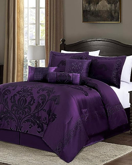 Chezmoi Collection 7-Piece Jacquard Floral Comforter Set (California King, Purple/Dark Purple) - LeafyLoom