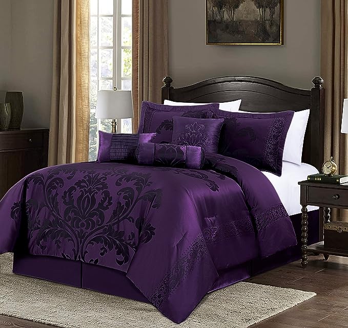 Chezmoi Collection 7-Piece Jacquard Floral Comforter Set (California King, Purple/Dark Purple) - LeafyLoom