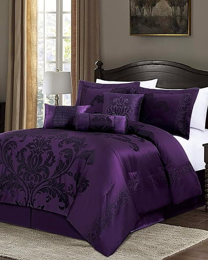 Chezmoi Collection 7-Piece Jacquard Floral Comforter Set (King, Purple/Dark Purple) - LeafyLoom