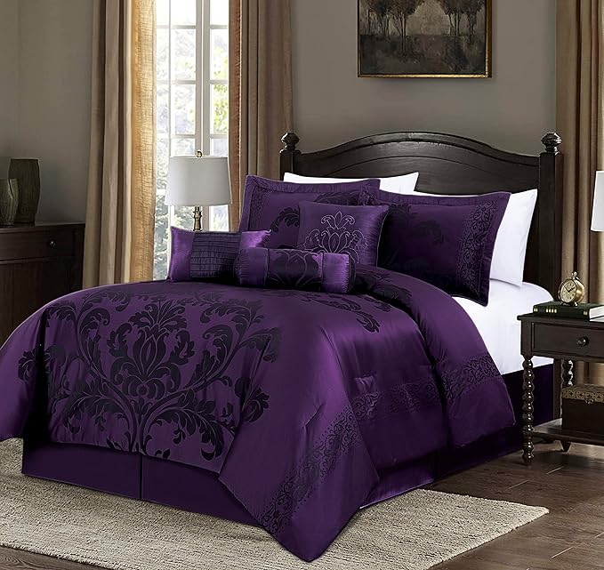 Chezmoi Collection Royale 7-Piece Jacquard Floral Comforter Set, Oversized King, Purple/Dark Purple - LeafyLoom
