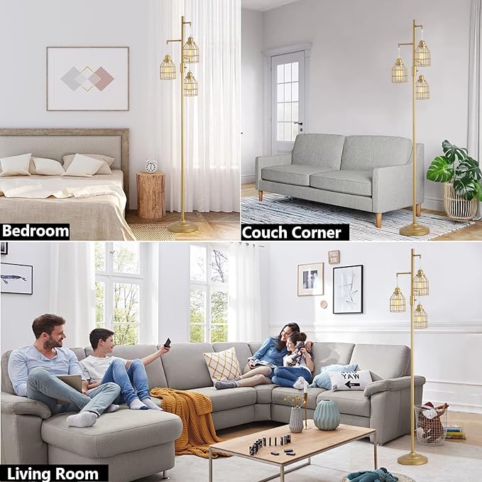9MMML Golden Dimmable Floor Lamp,Industrial Gold Farmhouse Tall Standing Lamp for Living Room, Bedroom Office,3 Teardrop Cage Lampshade,3 LED Bulbs Inculded, 68'' Tall - LeafyLoom