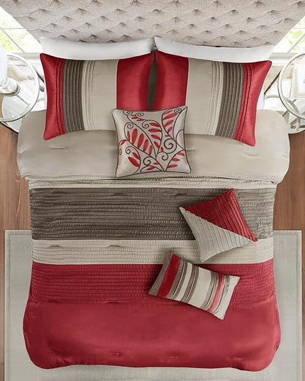 Madison Park Amherst Faux Silk Comforter Set-Casual Contemporary Design All Season Down Alternative Bedding, Matching Shams, Bedskirt, Decorative Pillows, Queen(90"x90"), Red, 7 Piece (MP10-037) - LeafyLoom