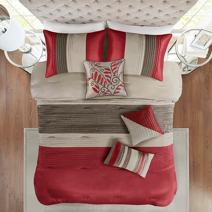 Madison Park Amherst Faux Silk Comforter Set-Casual Contemporary Design All Season Down Alternative Bedding, Matching Shams, Bedskirt, Decorative Pillows, Queen(90"x90"), Red, 7 Piece (MP10-037) - LeafyLoom