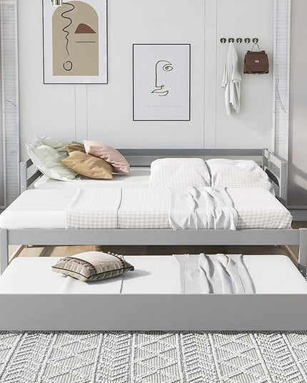 Twin or Double-Twin Daybed with Trundle,Wooden Extendable Daybed-Frame,Solid Wood Sofa Bed Designed for Bedroom/Living Room/Apartment,Hotel,Gray - LeafyLoom