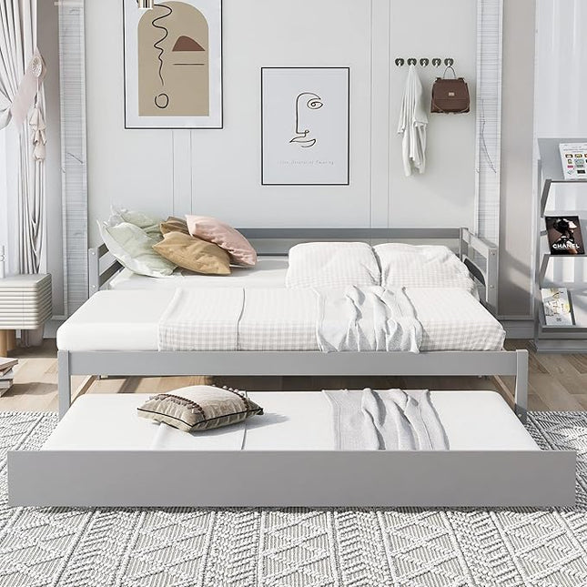 Twin or Double-Twin Daybed with Trundle,Wooden Extendable Daybed-Frame,Solid Wood Sofa Bed Designed for Bedroom/Living Room/Apartment,Hotel,Gray - LeafyLoom