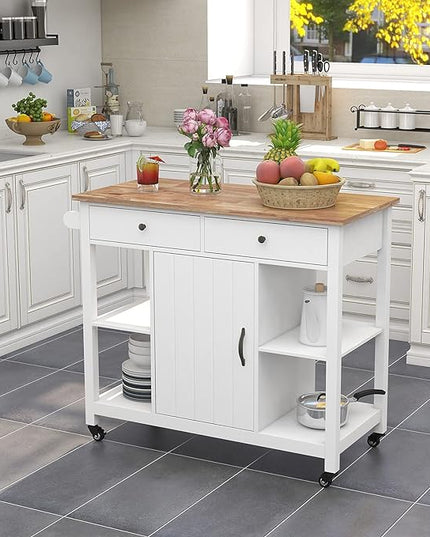 ChooChoo Kitchen Cart on Wheels with Wood Top, Utility Wood Kitchen Islands with Storage and Drawers, Easy Assembly - White - LeafyLoom