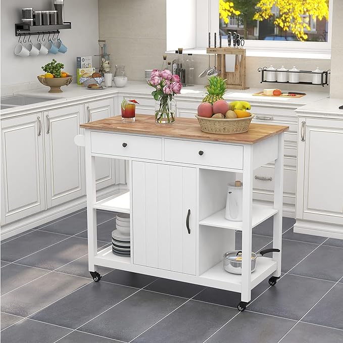 ChooChoo Kitchen Cart on Wheels with Wood Top, Utility Wood Kitchen Islands with Storage and Drawers, Easy Assembly - White - LeafyLoom