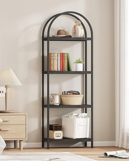 Yusong Bookshelf 4 Tier Arched Bookcase, 71.3" Tall Industrial Open Book Shelves for Living Room, Modern Freestanding Display Shelving Unit Storage Rack with Metal Frame, Office, Bedroom, Black - LeafyLoom