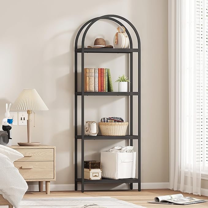 Yusong Bookshelf 4 Tier Arched Bookcase, 71.3" Tall Industrial Open Book Shelves for Living Room, Modern Freestanding Display Shelving Unit Storage Rack with Metal Frame, Office, Bedroom, Black - LeafyLoom