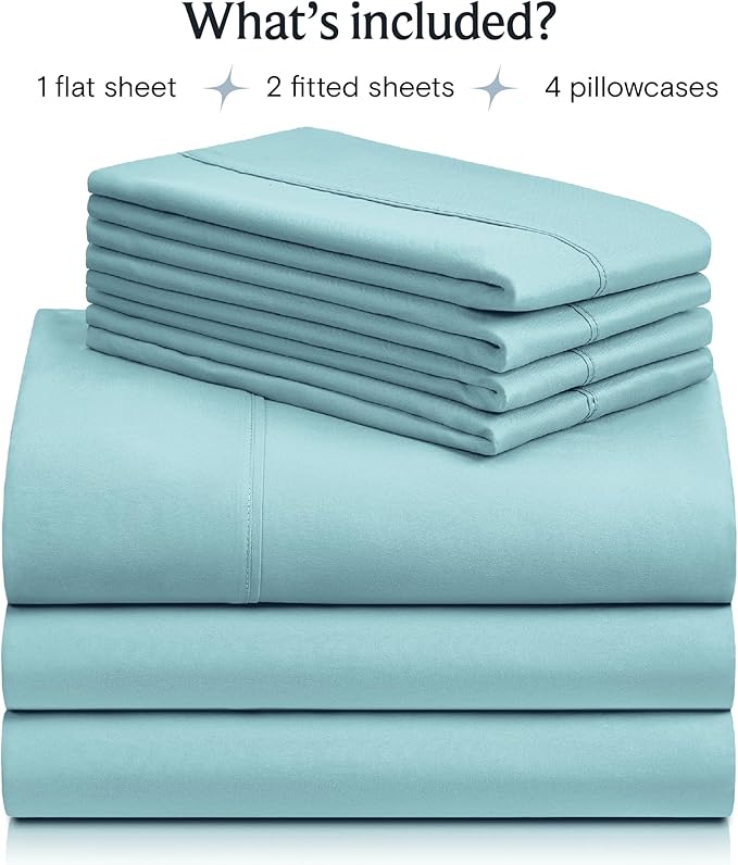 LuxClub 7 PC Split King Sheet Set, Breathable Luxury Bed Sheets, Deep Pockets 18" Eco Friendly Wrinkle Free Cooling Sheets Machine Washable Hotel Bedding Silky Soft - Aqua Split King - LeafyLoom