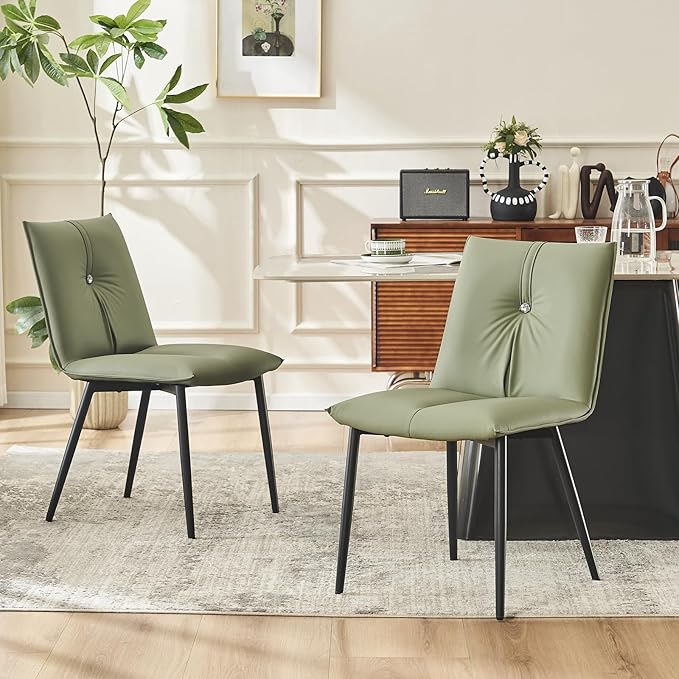 YOUTASTE Dining Chairs Set of 2 Mid Century Modern Upholstered Leather Kitchen Chairs Soft Padded Side Chairs Dinner Chairs with Metal Legs for Living Room Bedroom, Olive Green - LeafyLoom