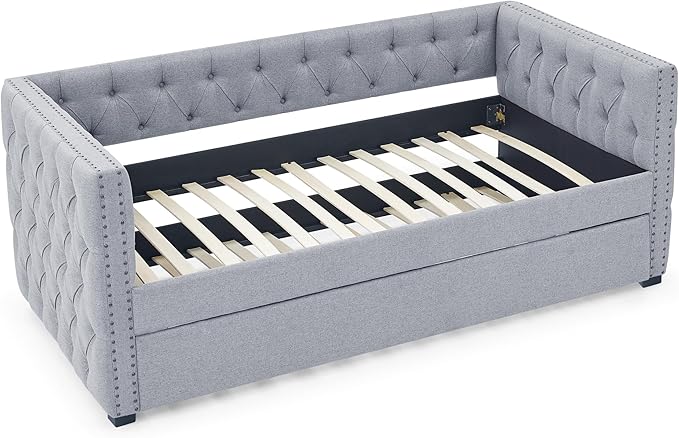 Linen Upholstered Twin Size Daybed with Twin Trundle, Solid Wooden Bed Frame w/Button Tufted and Copper Nail on Square Arms, No Spring Box Need, for Kids, Bedroom, Dorm - LeafyLoom