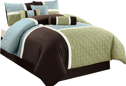 Chezmoi Collection 7-Piece Quilted Patchwork Comforter Set, Coffee Brown/Aqua Blue/Sage Green, Queen - LeafyLoom