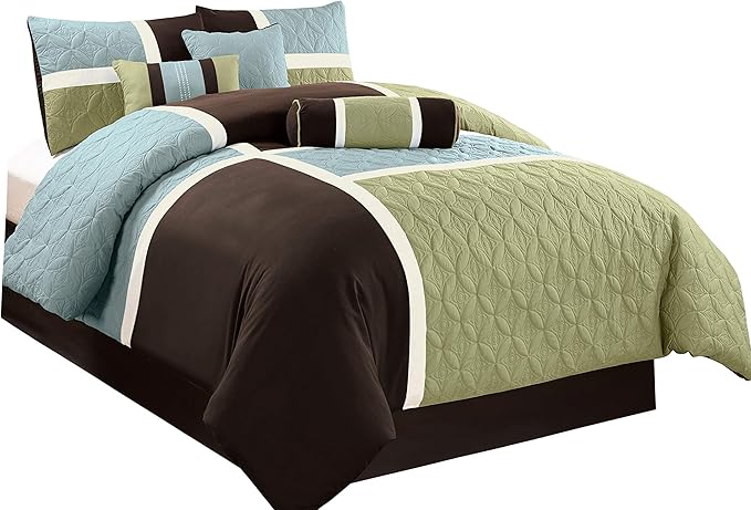 Chezmoi Collection 7-Piece Quilted Patchwork Comforter Set, Coffee Brown/Aqua Blue/Sage Green, Queen - LeafyLoom