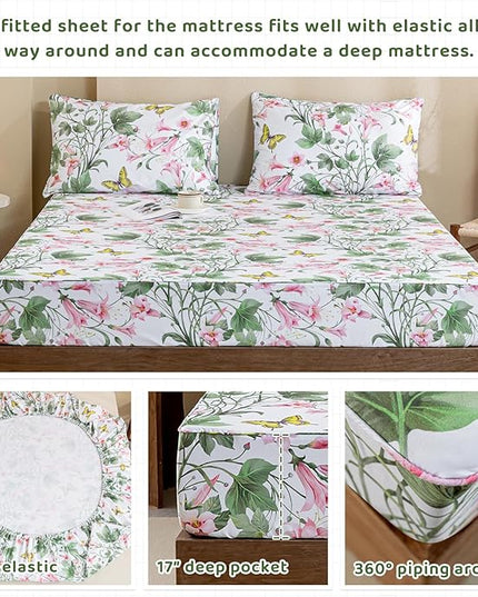 QSH Butterfly Bed Sheets Set Queen Size 100% Egyptian Cotton Sheet Wild Flower Leaves Printed Pattern Bedding Sheets Spring Floral Bedsheets Deep Pockets 4PCs - LeafyLoom