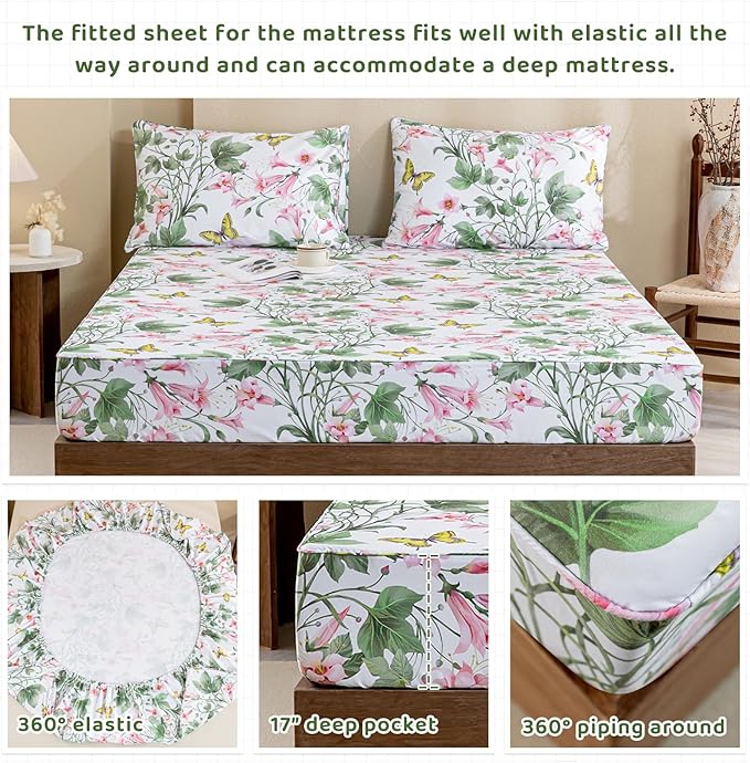 QSH Butterfly Bed Sheets Set Queen Size 100% Egyptian Cotton Sheet Wild Flower Leaves Printed Pattern Bedding Sheets Spring Floral Bedsheets Deep Pockets 4PCs - LeafyLoom