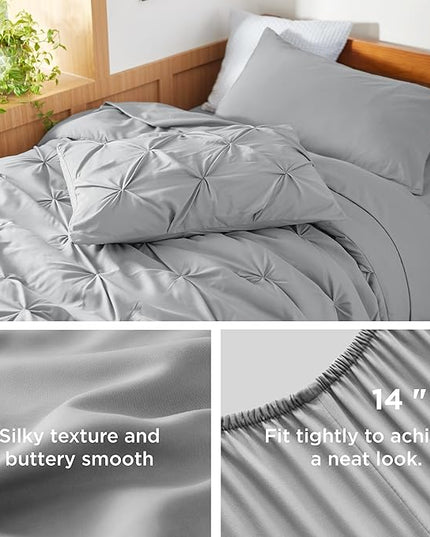 Bedsure Twin XL Comforter Set - Extra Long 5 Pieces Dorm Bedding Sets, Pinch Pleat Grey Bed in a Bag with Comforter, Sheets, Pillowcase & Sham - LeafyLoom