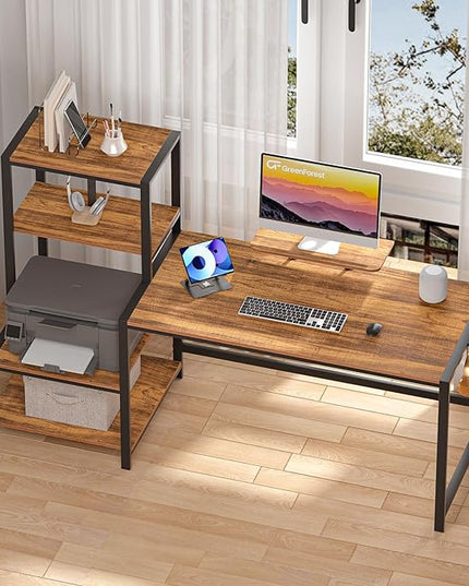 GreenForest Computer Desk 58 inch with Storage Printer Shelf Reversible Home Office Desk with Movable Monitor Stand and 2 Headphone Hooks for Study Writing PC Gaming Working, Walnut - LeafyLoom