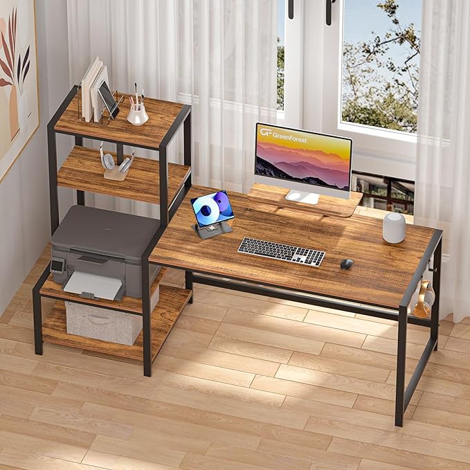 GreenForest Computer Desk 58 inch with Storage Printer Shelf Reversible Home Office Desk with Movable Monitor Stand and 2 Headphone Hooks for Study Writing PC Gaming Working, Walnut - LeafyLoom