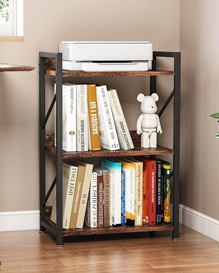 Small Bookshelf for Small Spaces, 3 Tier Bookcase, Narrow Gold Book Shelf, Small Shelf Open Display Rack for Bedroom, Living Room, Home Office,Rustic Brown - LeafyLoom